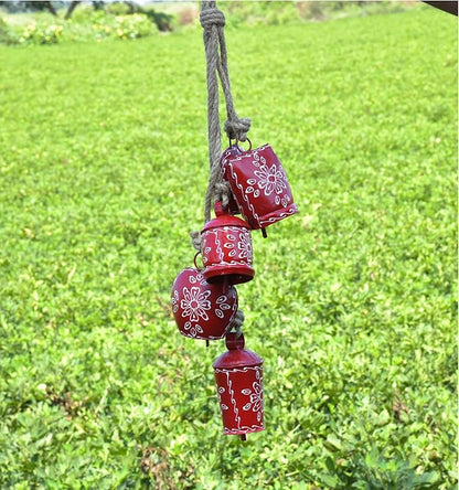 Cow Bell Wind Chime 25” Long- 5 Rustic Jingle Bells for Christmas Decor, Garden, Door Knob, Porch, Farmhouse, Meditation, Boho Hanging Bells, Metal Vintage Chime for Outdoor & Indoor (Red)