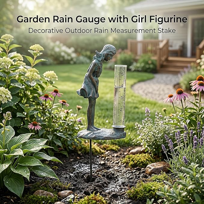 Topadorn Rain Gauge Garden Stake Outdoor Glass Cute Professional Raingauge for Lawn Yard Patio Lady Angel Decor 2oz, 3.5" W x 3" D x 11.5" H