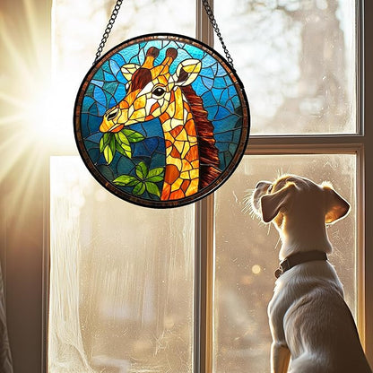 Stained Glass Window Hanging Orange Giraffe Blue Green Leaves 6.3" - Suncatcher Door Garden Sunroom Sun Catcher Home Decor Birthday Christmas for Mom Men Woman Nana
