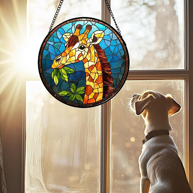 Stained Glass Window Hanging Orange Giraffe Blue Green Leaves 9.8" - Suncatcher Door Garden Sunroom Sun Catcher Home Decor Birthday Christmas for Mom Men Woman Nana
