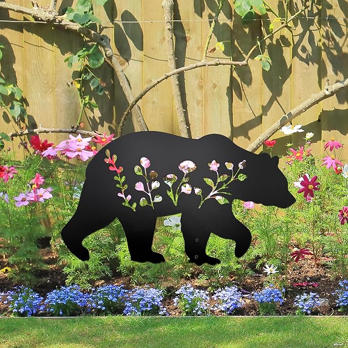 Bear Garden Stake Statue - Flat Black Bear Figurine for Outdoor Lawn & Patio Decor, Composite Ground Stake Decorative Accent