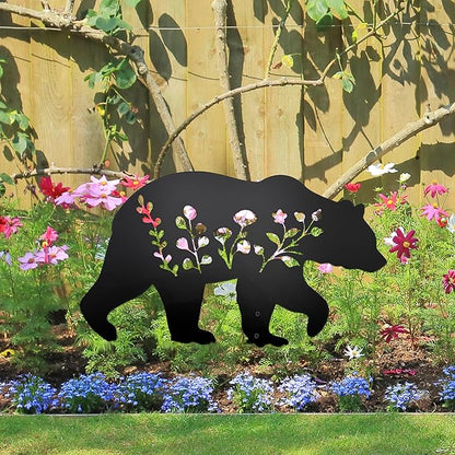 Bear Garden Stake Statue - Flat Black Bear Figurine for Outdoor Lawn & Patio Decor, Composite Ground Stake Decorative Accent