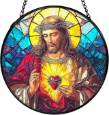 Easter Sacred Heart of Jesus Christian Gigts Suncatcher Stained Glass Window Hanging, Religious Sun Catchers Indoor Window Glass Wall Art Decor, Christian Wall Hanging Decor, 7.9x7.9 Inch