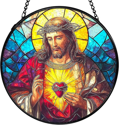Easter Sacred Heart of Jesus Christian Gigts Suncatcher Stained Glass Window Hanging, Religious Sun Catchers Indoor Window Glass Wall Art Decor, Christian Wall Hanging Decor, 7.9x7.9 Inch