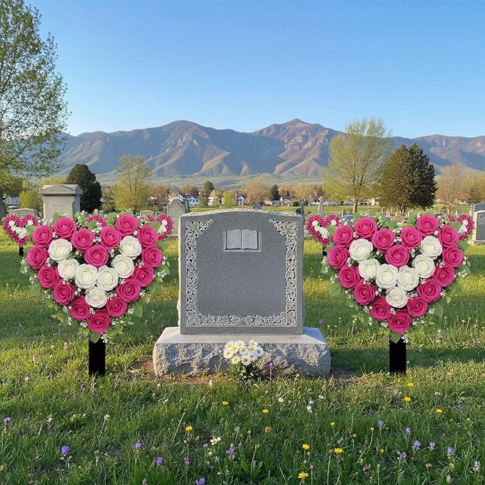Frienda 2 Sets Cemetery Flowers Grave Stake Metal Floral Decor for Tombstone, Outdoor Gravesite Markers for Mom Dad, Memorial Day Spring Easter Grave Decor(Heart,Rose Red,White)