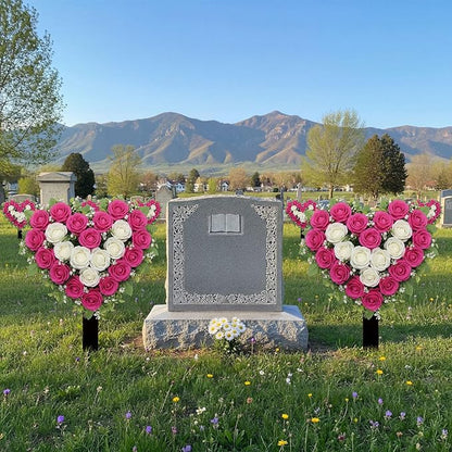 Frienda 2 Sets Cemetery Flowers Grave Stake Metal Floral Decor for Tombstone, Outdoor Gravesite Markers for Mom Dad, Memorial Day Spring Easter Grave Decor(Heart,Rose Red,White)