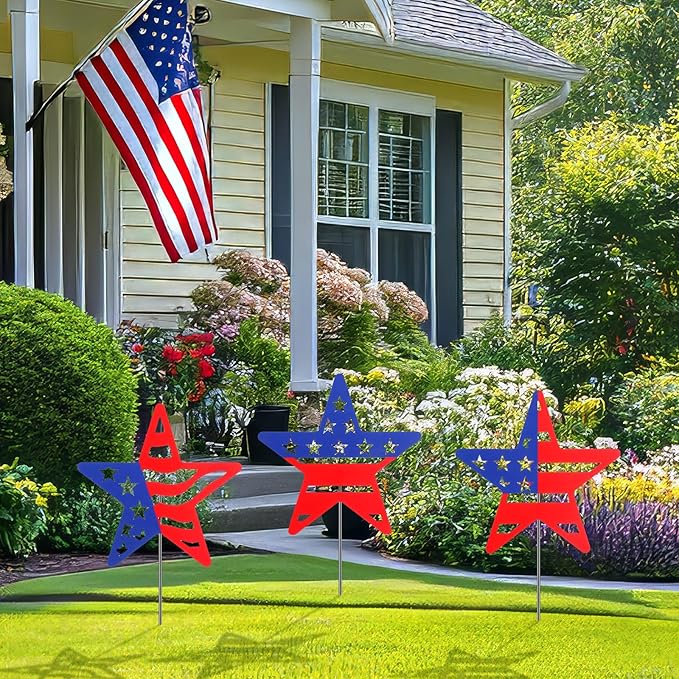 3 Pcs 4th of July Yard Signs Metal Patriotic Star Garden Stakes Red White Blue Lawn Decorations Outdoor American Patriotic Star Yard Decoration with Stake for Independence Memorial Day Lawn Decor