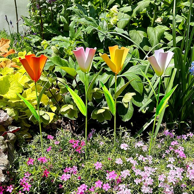 Linfevisi Outdoor Garden Decoration Flower Tulip Garden Stakes Metal Yard Art Signs Spring Decor Floral Lawn Ornaments Outside Plant Picks for Patio Porch Pathway 16.25 Inch Tall(Set of 4) (A)
