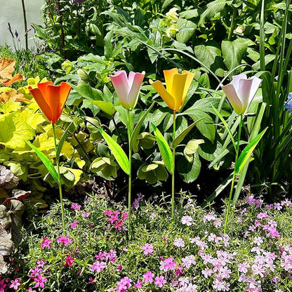 Linfevisi Outdoor Garden Decoration Flower Tulip Garden Stakes Metal Yard Art Signs Spring Decor Floral Lawn Ornaments Outside Plant Picks for Patio Porch Pathway 16.25 Inch Tall(Set of 4) (A)
