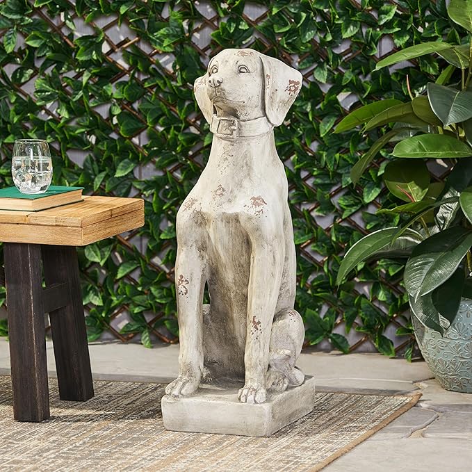Merax MGO Antique White Dog Garden Statue - Outdoor Cast Stone Decor, Vintage-Style Yard Art, Weather-Resistant Patio Sculpture, No Assembly Required (31.5" H x 13" W)