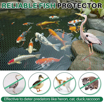 Koi Pond Netting Kit 7 x 10ft, Bird Deer Fence Netting, Durable Net Cover for Leaves, Heavy Duty Fine Mesh, Protect Fish from Birds, Cats & Predators, 12pcs Stakes & Ties Included(Green)