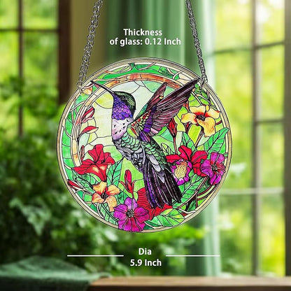 Hummingbird Stained Glass Decor for Women, Bird Lovers Suncatcher. Green Birds Art Walldecor.