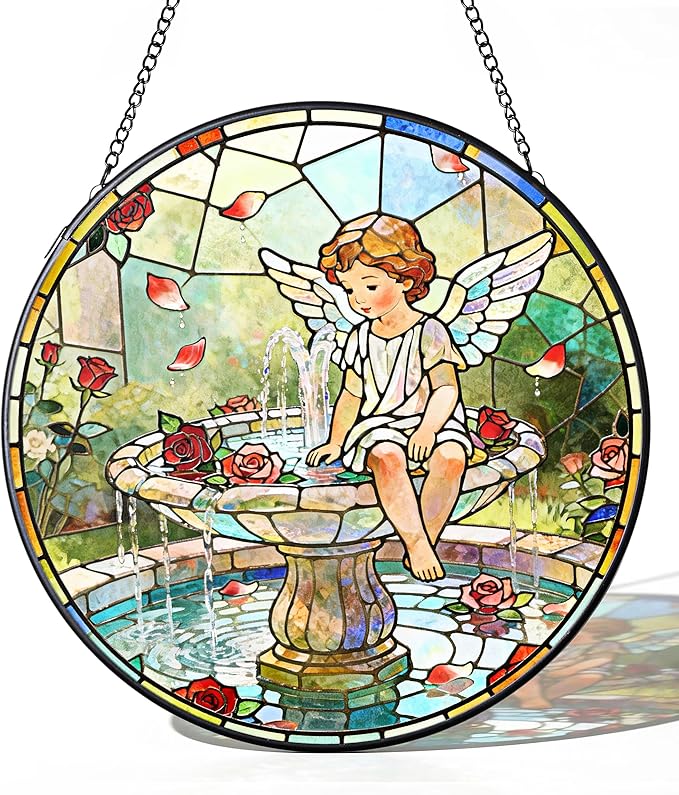 7.9 Inch Angel and Fountain Stained Glass Sun Catcher Christian Stained Glass Window Hanging Religious Sun Catcher Gifts for Mother Wall Room Decor Cottage Core Decor Decorations