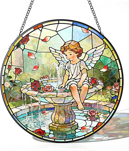 7.9 Inch Angel and Fountain Stained Glass Sun Catcher Christian Stained Glass Window Hanging Religious Sun Catcher Gifts for Mother Wall Room Decor Cottage Core Decor Decorations