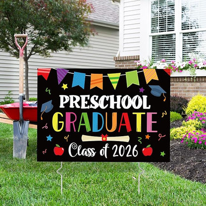 Preschool Grad Yard Sign Class of 2026 Kindergarten Graduate Lawn Sign with Stake School Congrats Graduation Decorations Colorful Graduation Party Favors Supplies Outdoor Photo Booth Props for Kids