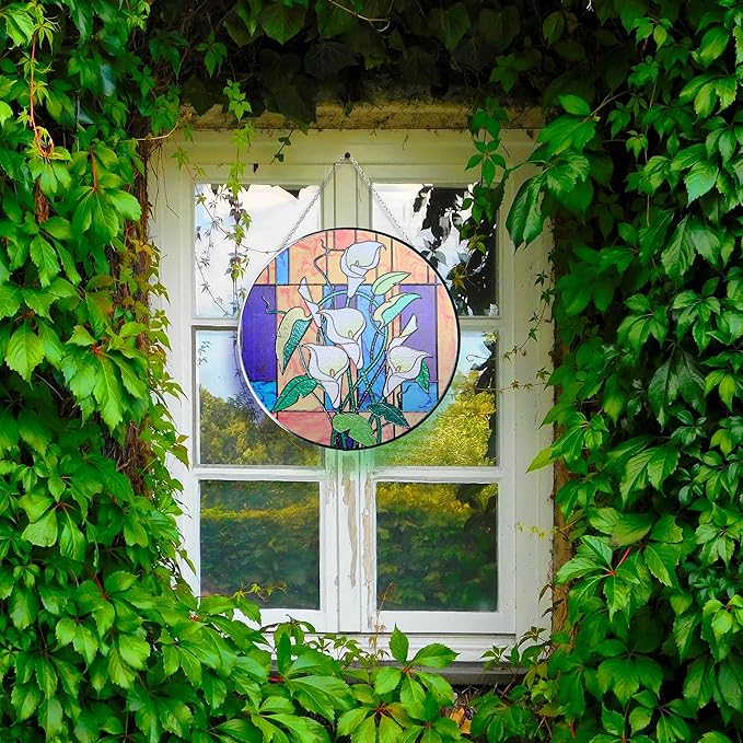 Hanway Suncatcher in Colorful Stained Glass 12" Dia - Genuine Brightly Colored Glass, Protective Metal Edge, Ready to Use Hanging Chain, for Window, Garden (Alocasia)