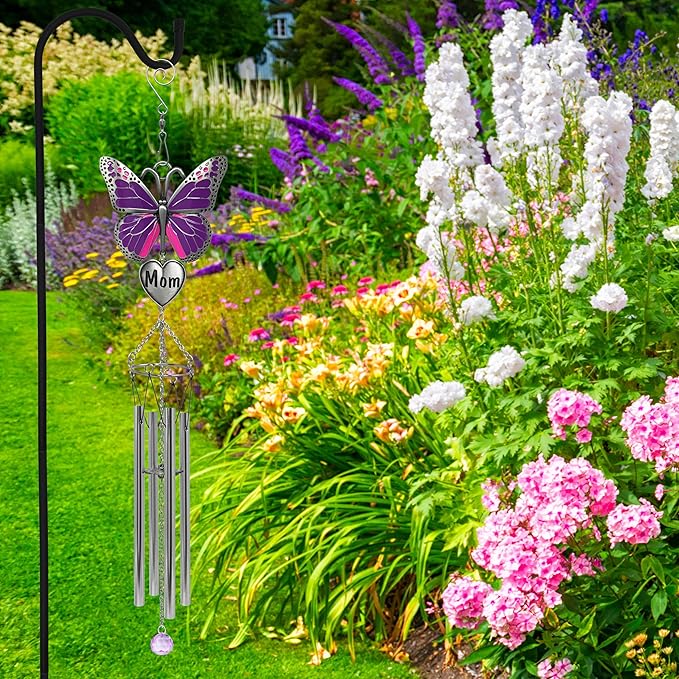 Butterfly Wind Chimes for Mother - Purple Butterfly Windchime with Engraved Mom Heart - Gift for Mom Mother’s Day Birthday Christmas - Spring Patio Garden Hanging Decor - 20 Inch Long