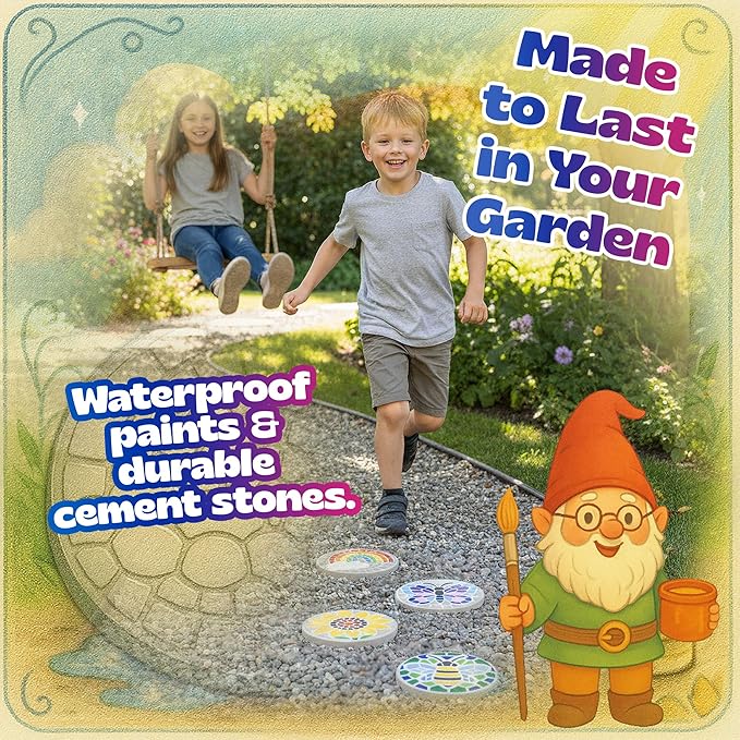 Pinwheel Crafts Stepping Stone Kit for Kids – Paint Your Own Mosaic Stones with Storybook | 5 Preprinted Cement Designs, Waterproof Paints, Brushes & Markers | Creative Garden Craft Gift for Ages 6+