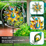 Outdoor Peacock Wind Spinners Featuring Glittering Gem Decor, 13.5" D x 65" H Double Layer Kinetic Wind Sculptures, 360° Rotatable Metal Garden Wind Spinners for Yard and Outdoor Decor Blue