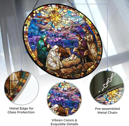 Stained Glass Window Hanging - Jesus and Lamp Nativity Suncatcher Ready to Hang Window Doors Home Decoration and Christmas, Mother's Day Birthday Gifts for Women, Men, and Mom 7.8x7.8 in