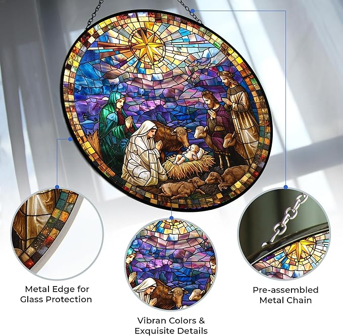 Jesus and Lamp Nativity Suncatcher Stained Glass Window Hangings for Women Mom Red Birds Sun Catchers Colorful Ornament Bird Lovers Gift Gifts for Women Mom Wife