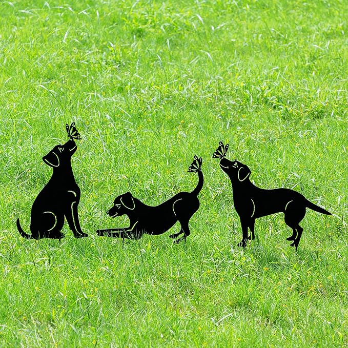 Glitzhome Set of 3 Dog Silhouette Stakes, Black Metal Decorative Garden Stakes or Wall Decor with Butterfly Cutout Design, Iron Yard Art Lawn Spring Decoration, 20 "H