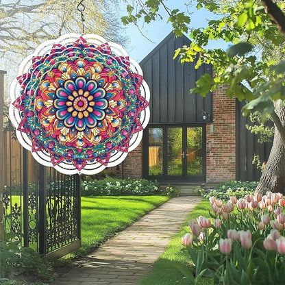 Wind Spinners Outdoor, Hanging Wind Spinner for Garden Decoration, 8 inch 3D Stainless Steel Metal Wind Sculpture for Indoor/Outdoor Decor, Multi Red Mandala