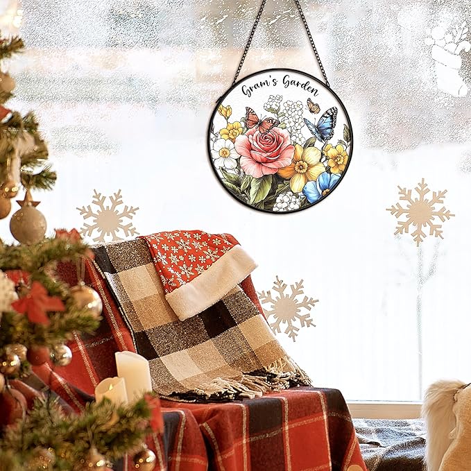 Gram Mothers Day Christmas Birthday Gifts Suncatcher Stained Glass Window Decor from Grandkids for Gram, Grandma Gift Stained Glass Wall Decor, Gram's Garden Catchers Indoor Window,7.9x7.9In