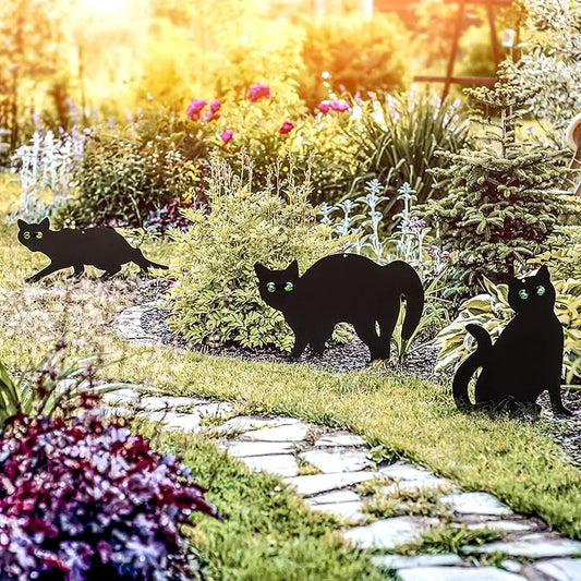 Pet Fit For Life Decorative Black Metal Cats for Outdoor Garden and Yard - Iron Silhouettes with Reflective Green Eyes - Set of 3 with Stakes and Hangers