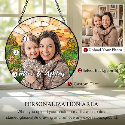 Personalized Mothers Day Stained Glass Windows Hanging, Mom Picture Suncatcher Ornament, Custom Photo Gift for Mom, Birthday Mother Grandma Gifts from Daughter Kids