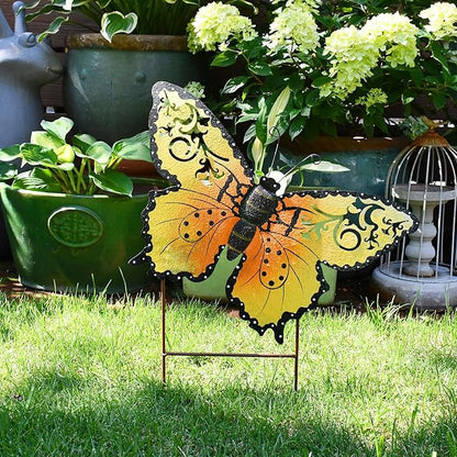 Linfevisi Metal Butterfly Garden Stakes Decor Spring Decorative Butterflies Yard Stake Lawn Ornaments Garden Decor Yard Art Decor Outdoor 18.5 Inch (Yellow)