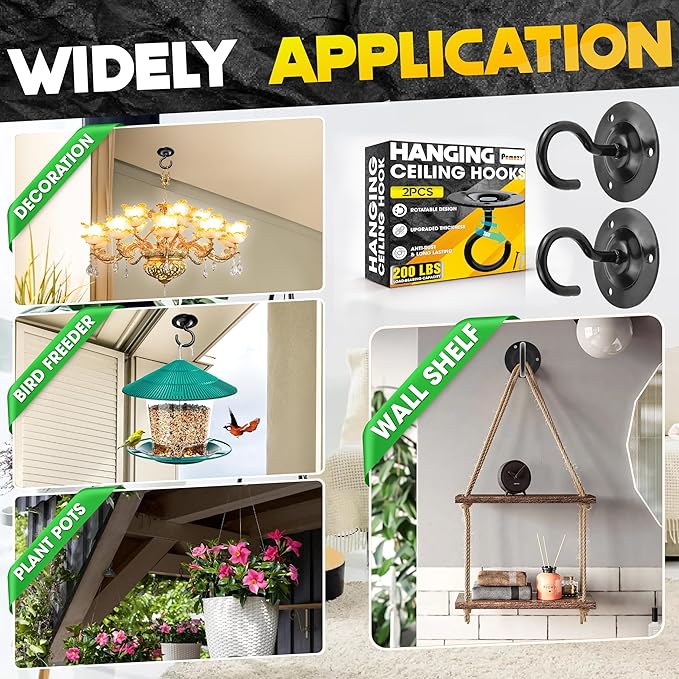[UPGRADED] 2Pcs 200LBS Rotatable Ceiling Hooks Black Firmly Wall Mount Metal Hangers Round Ceiling Hook for Hanging Hanging Plants, Bird Feeder, Lights, Bed Canopy, Wind Chime, Indoor Outdoor Decor
