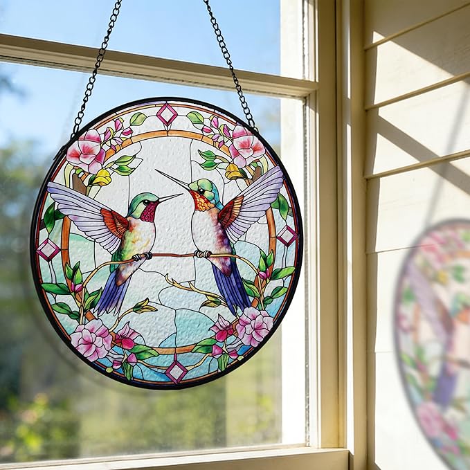 AELS Stained Glass 7.87" Round Suncatcher, Colorful Sun Catcher for Home Garden Window Decor, Window Hanging Ornament Gift for Friends and Family, Pink Feathered Hummingbird