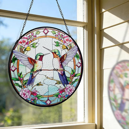 AELS Stained Glass 7.87" Round Suncatcher, Colorful Sun Catcher for Home Garden Window Decor, Window Hanging Ornament Gift for Friends and Family, Pink Feathered Hummingbird