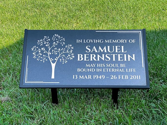 Personalized Black Granite Headstone, Tombstone 12x6 & 24x12 Memorial Grave Marker with Metal Stand, Graveyard Sign
