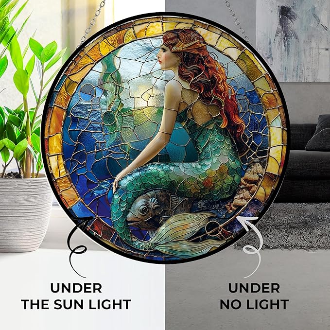 Mermaid Stained Glass Window Hanging Sun Catcher Halloween Haning Ornament Decoration Christmas Birthday Gifts for Lover and Friends
