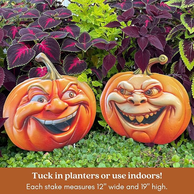 Clovers Garden Metal Halloween Pumpkin Yard Stakes (Set of 2) Smiling 3D Scary Vintage Look Lawn Signs - Duarable Weather Resistant