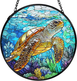 Coastal Beach Sea Turtle Suncatchers Stained Glass Window Hanging, Sea Turtle Decor Sun Catchers Indoor Window Glass Round Wall Decor, Ocean Beachy Wall Hanging Decorations, 7.9x7.9in