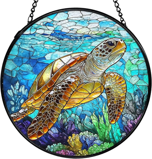 Coastal Beach Sea Turtle Suncatchers Stained Glass Window Hanging, Sea Turtle Decor Sun Catchers Indoor Window Glass Round Wall Decor, Ocean Beachy Wall Hanging Decorations, 7.9x7.9in