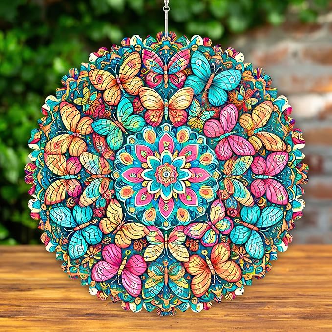12 Inch 3D Kinetic Wind Spinner for Garden and Yard, Laser-Cut Stainless Steel, Mesmerizing Hanging Decor for Outdoor Patio & Indoor, Butterfly Fiesta-09