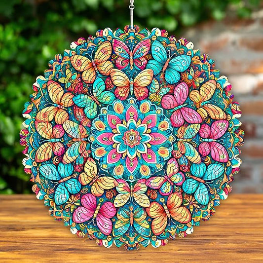12 Inch 3D Kinetic Wind Spinner for Garden and Yard, Laser-Cut Stainless Steel, Mesmerizing Hanging Decor for Outdoor Patio & Indoor, Butterfly Fiesta-09
