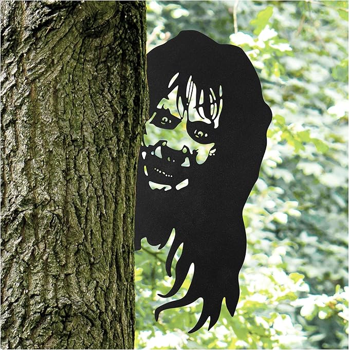 Metal Garden Fence Decor - Double Sided Black Yard Art, Weatherproof Garden Sculptures for Outdoor Patio, Farmhouse Fence Halloween Spooky Decor, Backyard Ornaments for Lawn (Witch)