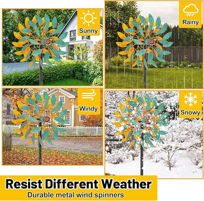 Metal Wind Spinners Outdoor, Kinetic Garden Wndmills,Yard Art Windmill with Metal Stake,Vintage Wind Sculptures & Spinners,Waterproof Pinwheels Large Wind Mill for Patio Lawn Yard Garden (Yellow+Blue)