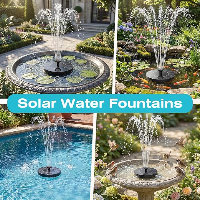 AMZtime Solar Fountain for Bird Bath, 2026 Upgrade Solar Water Fountain with 6 Nozzles & 4 Fixed Rods, Solar Bird Bath Fountains for Garden, Outdoor, Pool, Pond, Fish Tank and Patio
