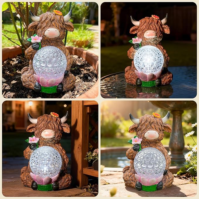 Highland Cow Garden Decor Solar Garden Lights, Highland Cow Outdoor Statue with LED Crystal Ball Waterproof for Outdoor,Lawn,Patio,Highland Cow Gifts
