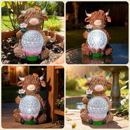 Highland Cow Garden Decor Solar Garden Lights, Highland Cow Outdoor Statue with LED Crystal Ball Waterproof for Outdoor,Lawn,Patio,Highland Cow Gifts