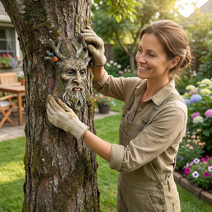 Tree Face Garden Statues Outdoor Decoration Clearance, Whimsical Old Man Tree Faces for Fence Hugger Sculpture, Wallmount Statue Fairy Art with Mushroom, Patio Home Hanging Decor, 6.9" x 2.8" x 9.8"