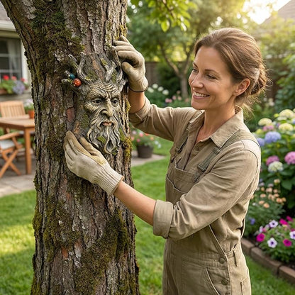 Tree Face Garden Statues Outdoor Decoration Clearance, Whimsical Old Man Tree Faces for Fence Hugger Sculpture, Wallmount Statue Fairy Art with Mushroom, Patio Home Hanging Decor, 6.9" x 2.8" x 9.8"