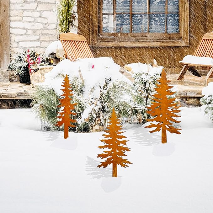 Pine Tree Metal Yard Decor Durable Outdoor Garden Stakes for Forest and Cabin Aesthetics