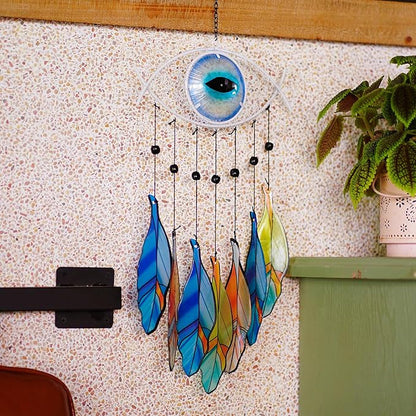 Metal Evil Eye Wind Chime，Evil Eye Wall Art Decor Colorful Glass and Metal Spiritual Wind Chimes for Outdoor Patio, Balcony, Garden, and Yard